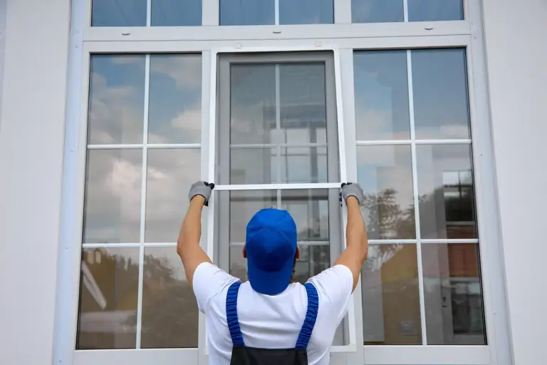 Instalador colocando una mosquitera fija en un ventanal blanco de una vivienda unifamiliar