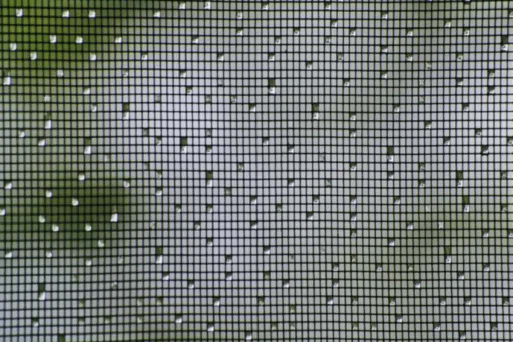 Primer plano de una malla mosquitera con gotas de lluvia