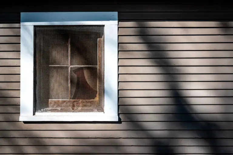 Ventana con mosquitera en una fachada de madera a pleno sol
